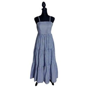 J Crew Garratt Blue White Striped Maxi Poplin Tiered Cotton Ruffle Dress Size 00